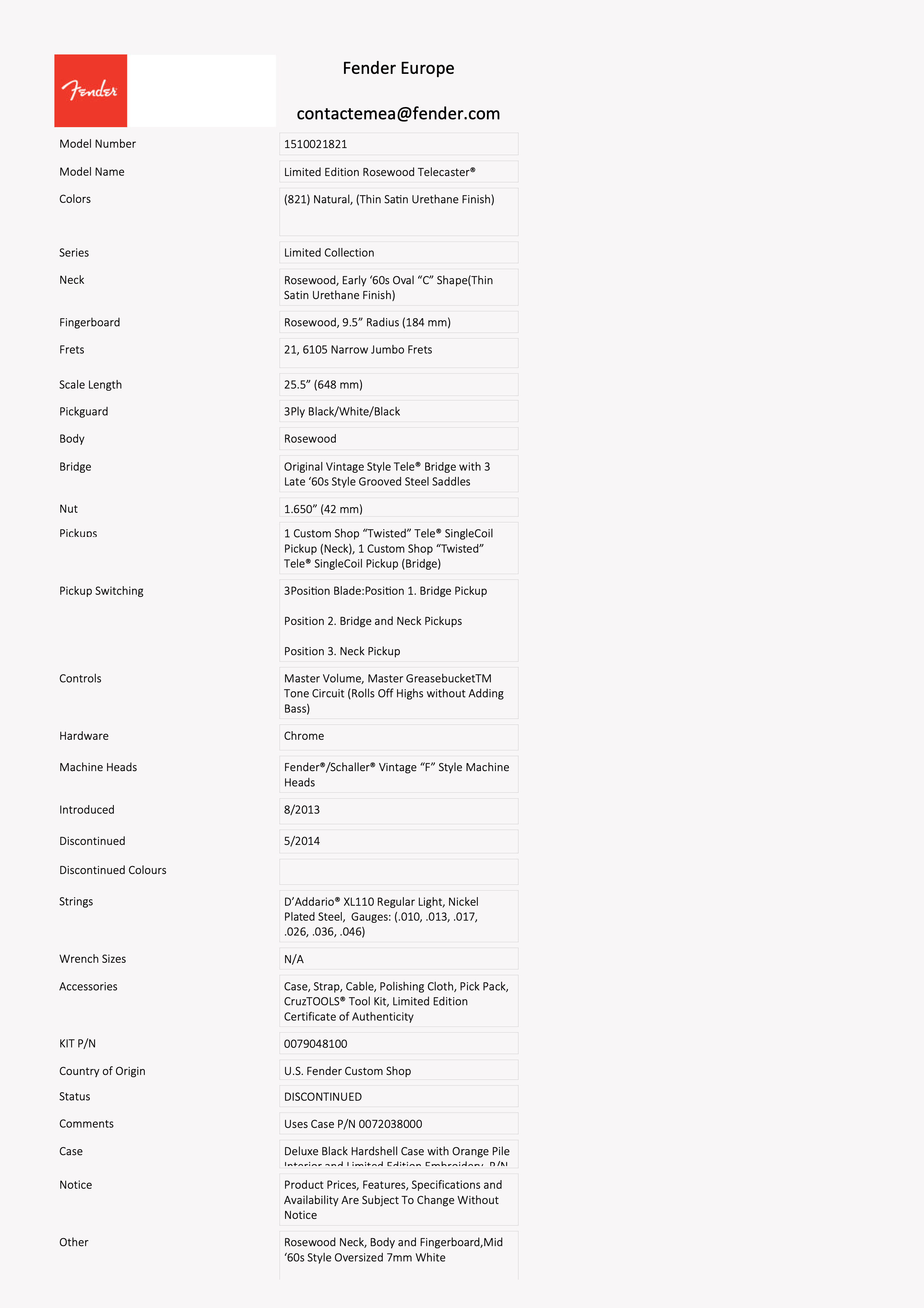 Fender Custom Shop '68 (George Harrison) LTD Rosewood Telecaster 2013 Natural