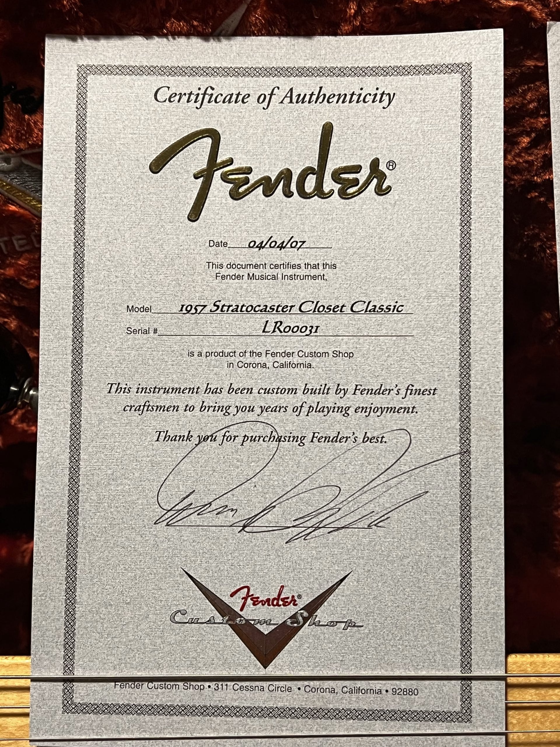 SOLD - 2007 Fender Custom Shop 57 Masterbuilt Stratocaster 50th anniversary by Dennis Galuszka Sunburst