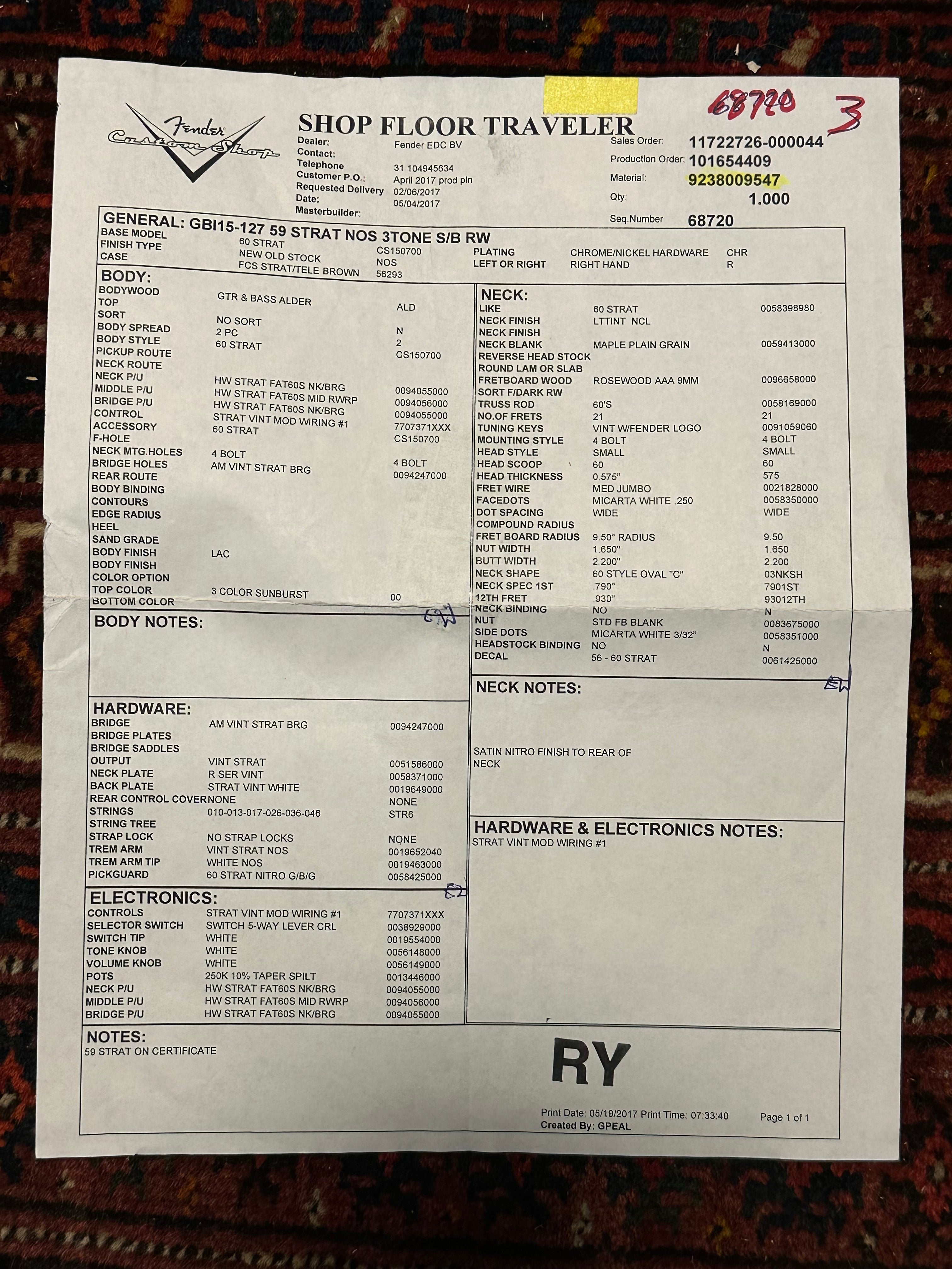 Fender Custom Shop '59 NOS Stratocaster 2017 Sunburst