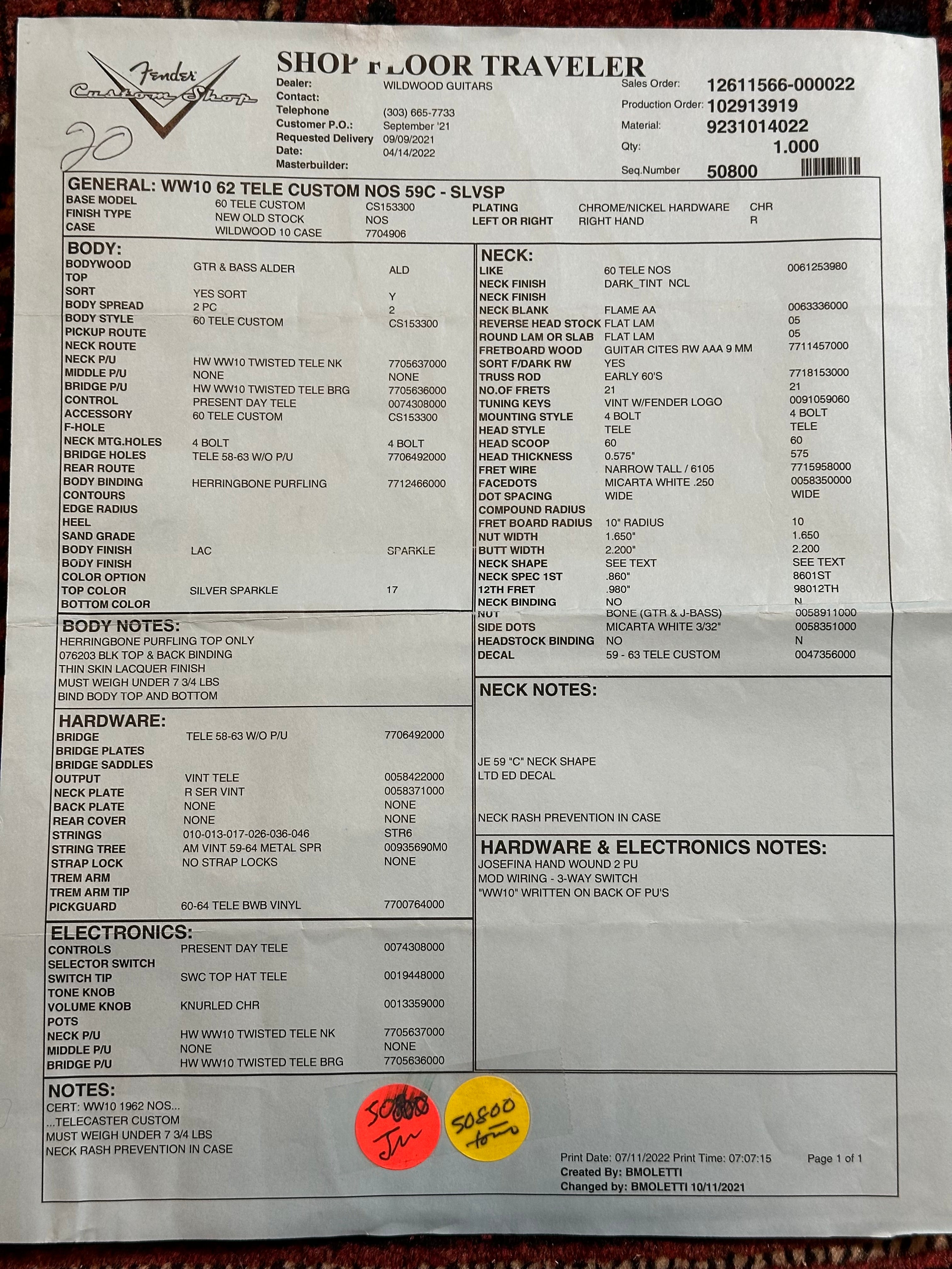 SOLD - 2022 Fender Custom Shop '62 Wildwood NOS Telecaster Silver Sparkle