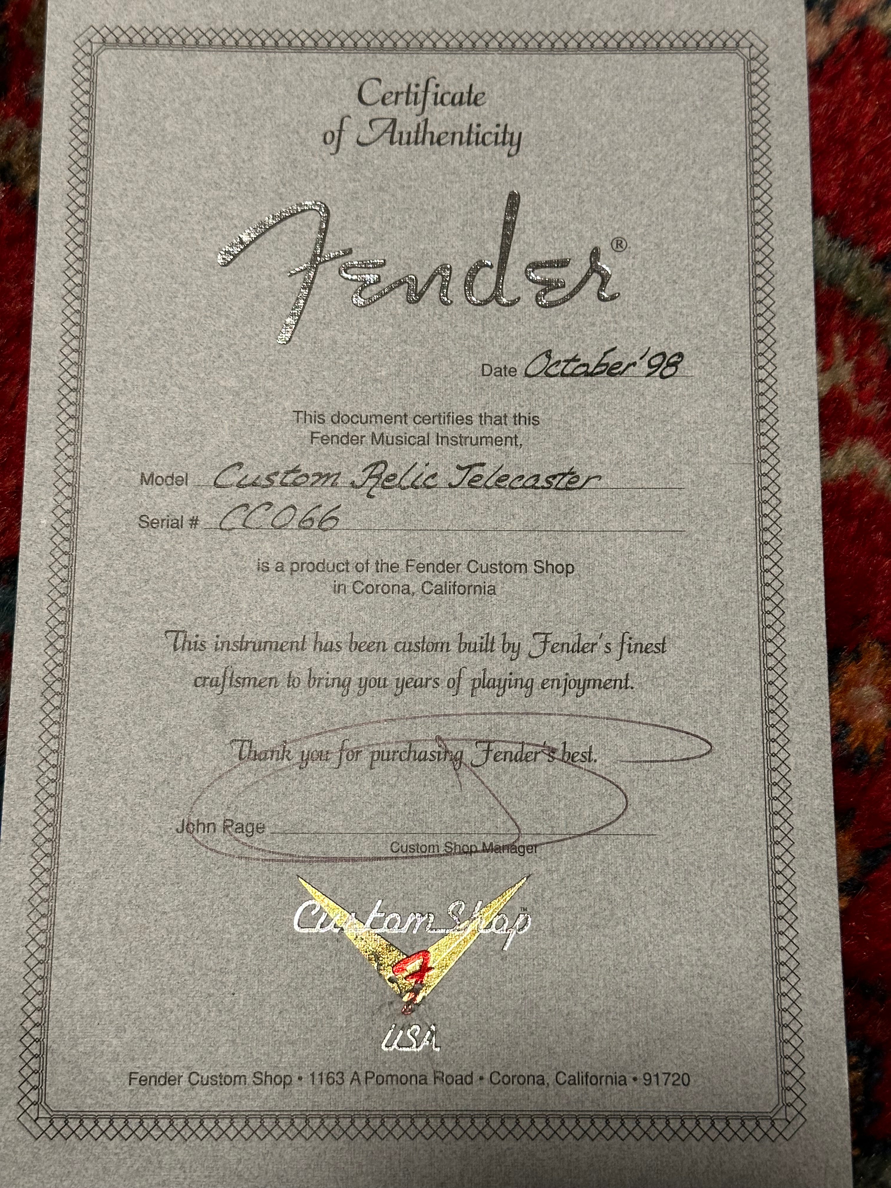 SOLD – 1998 Fender Custom Shop ’51 Nocaster “Cunetto” Relic Black
