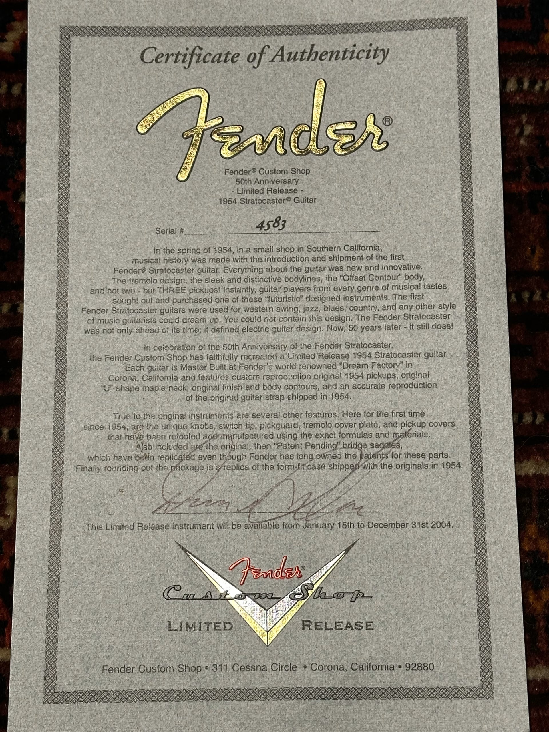 SOLD - 2004 Fender Custom Shop '54 50th Anniversary Masterbuilt Dennis Galuszka Sunburst