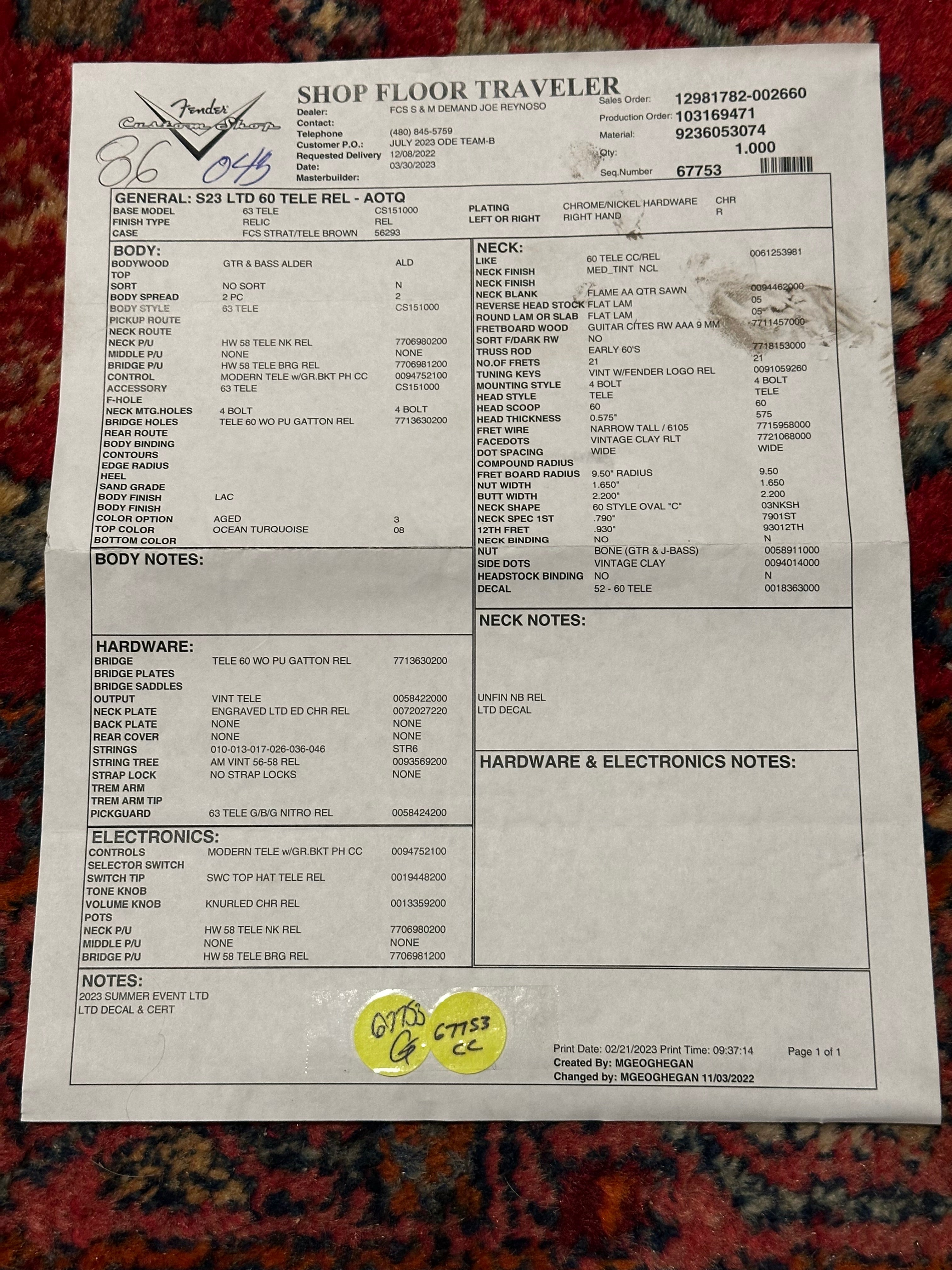 SOLD – 2023 Fender Custom Shop ’60 Limited Edition Relic Telecaster in Ocean Tuquoise