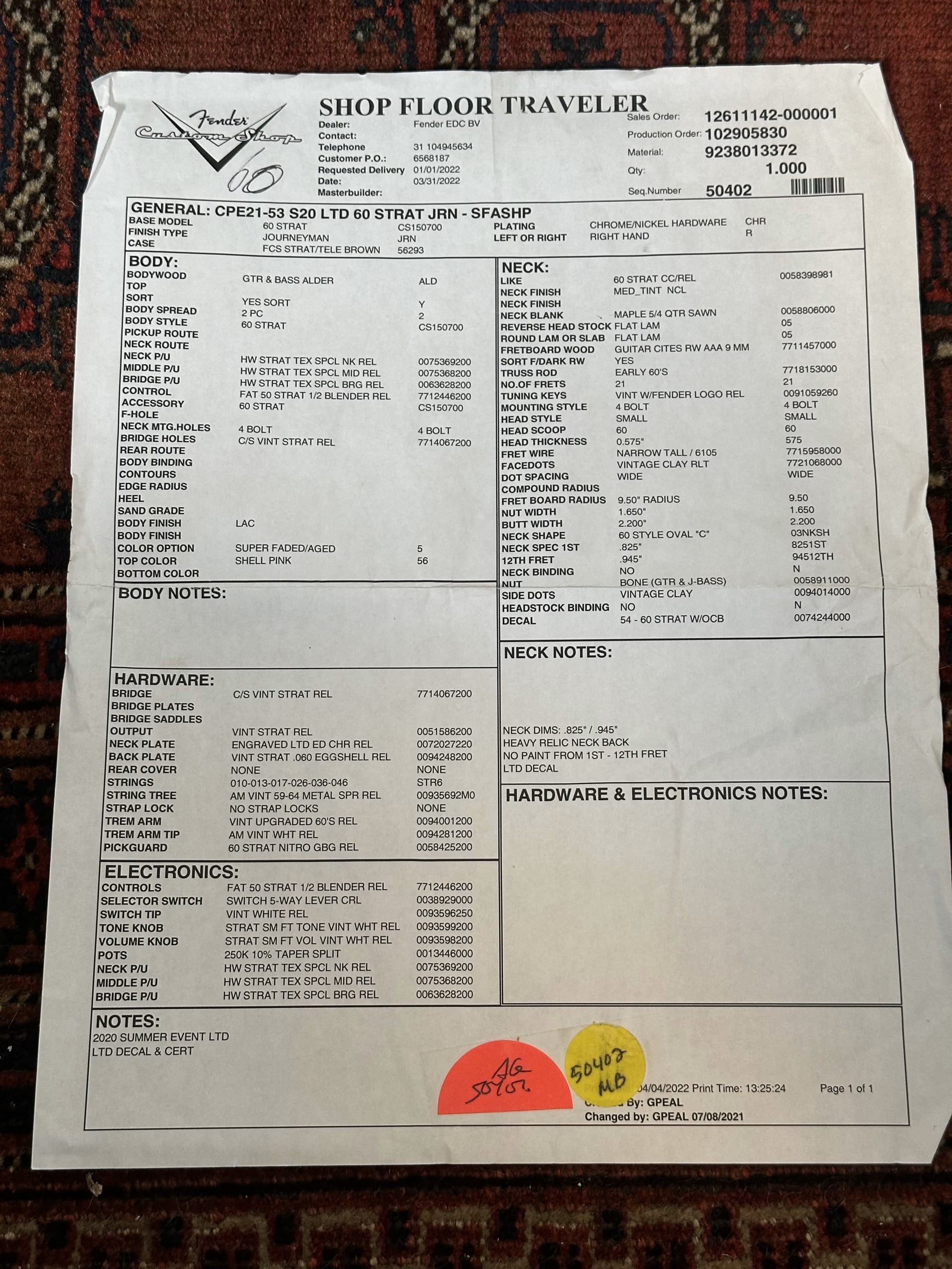 SOLD - 2022 Fender Custom Shop '60 LTD Journeyman Stratocaster Shell Pink