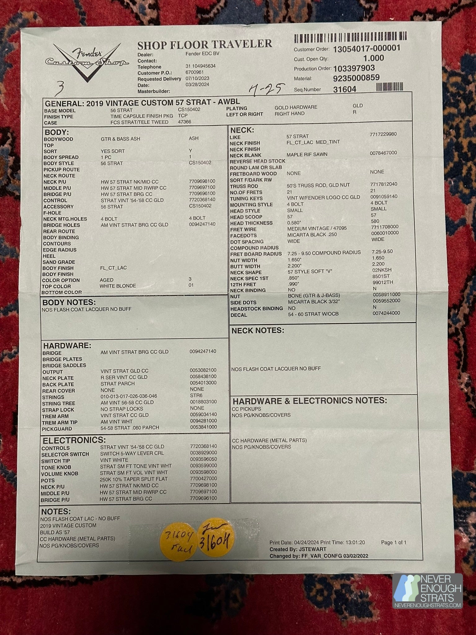 Fender Custom Shop '57 NOS Timecapsule Stratocaster 2024 White Blonde