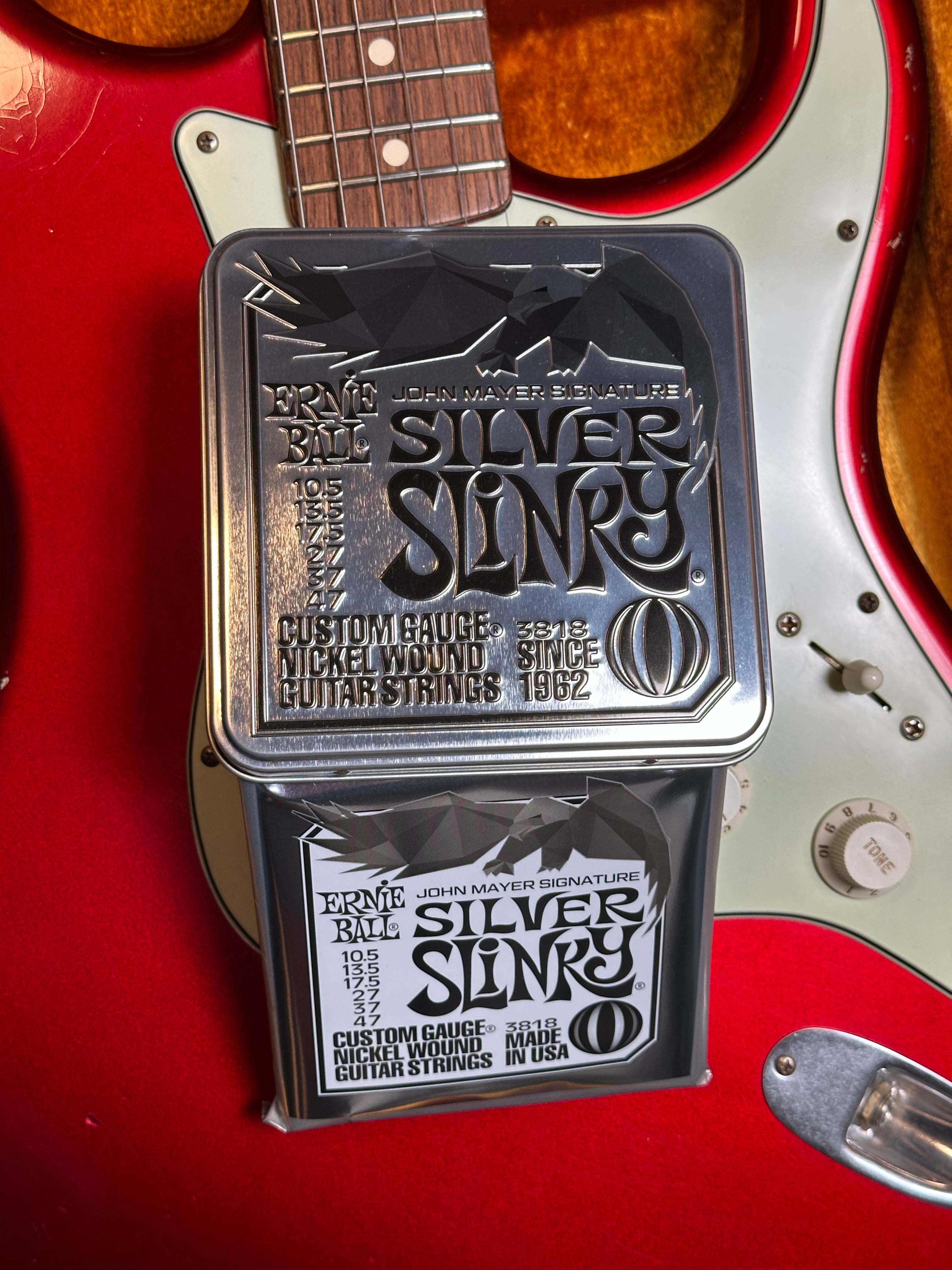 Ernie Ball Silver Slinky John Mayer Collectors Tin Electric Strings (10.5-47) 3-Pack