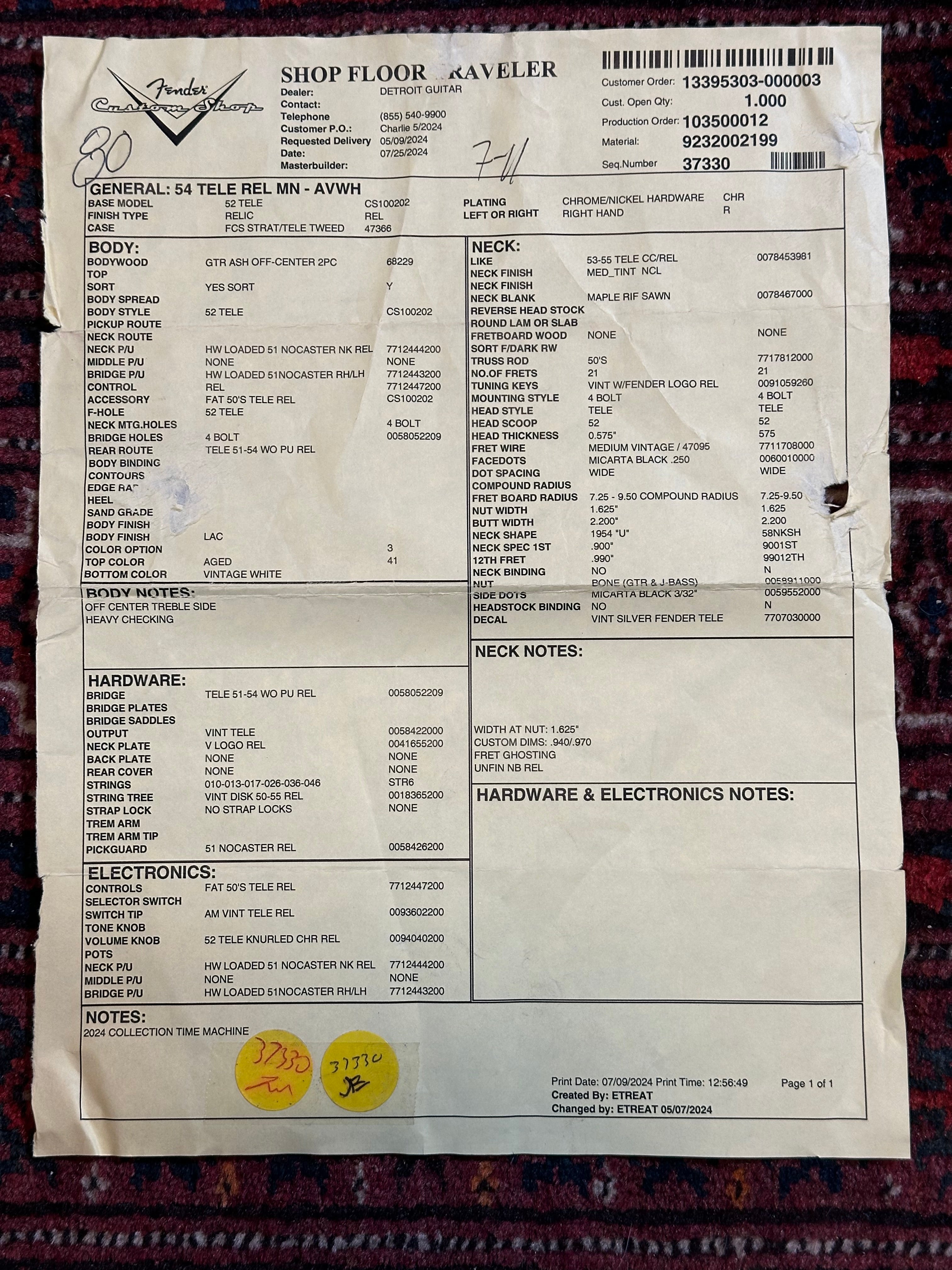 Fender Custom Shop '54 Relic Telecaster 2024 Aged White Blonde