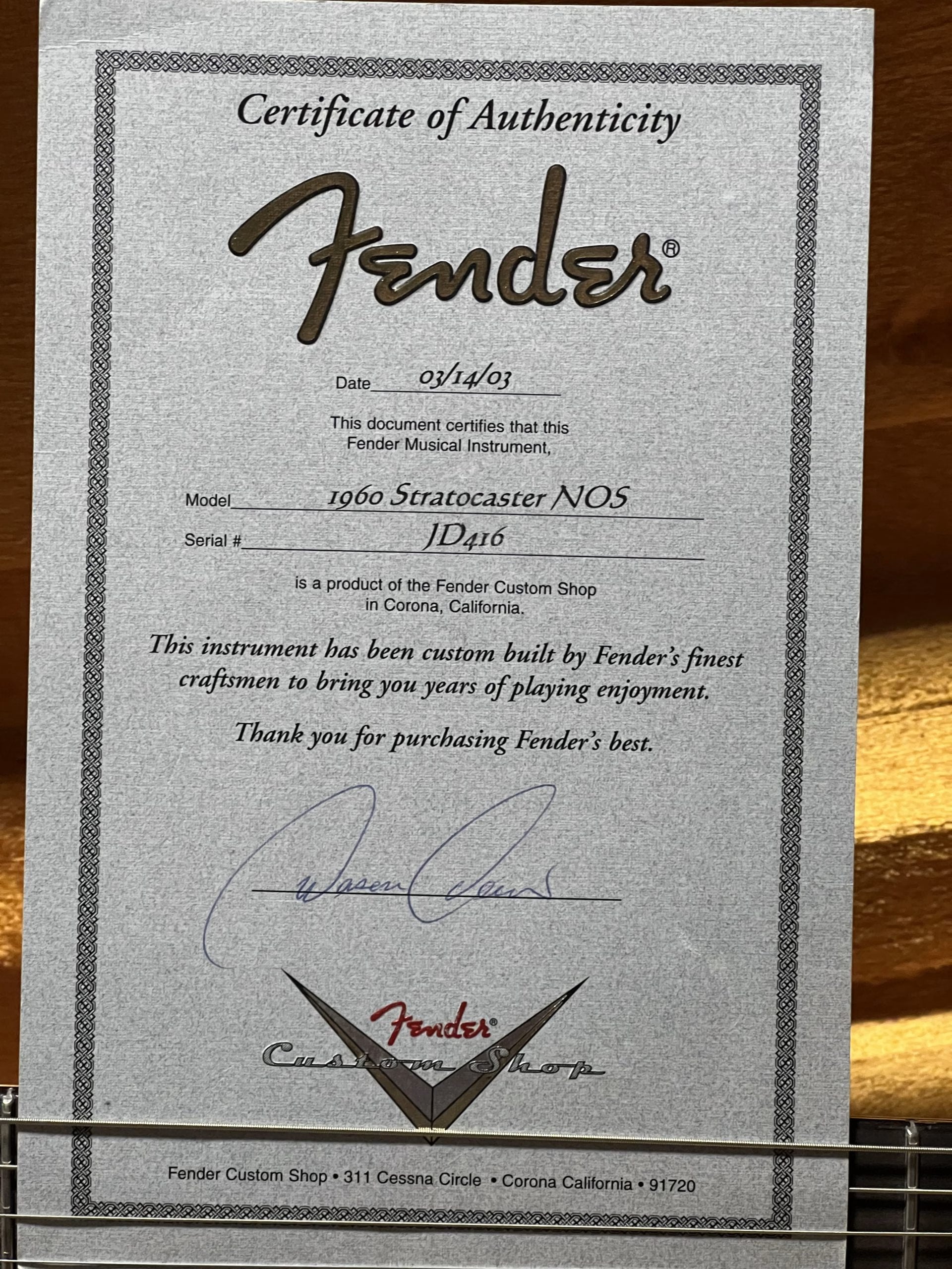 SOLD - 2003 Fender Custom Shop '60 Masterbuilt Jason Davis NOS Stratocaster Natural