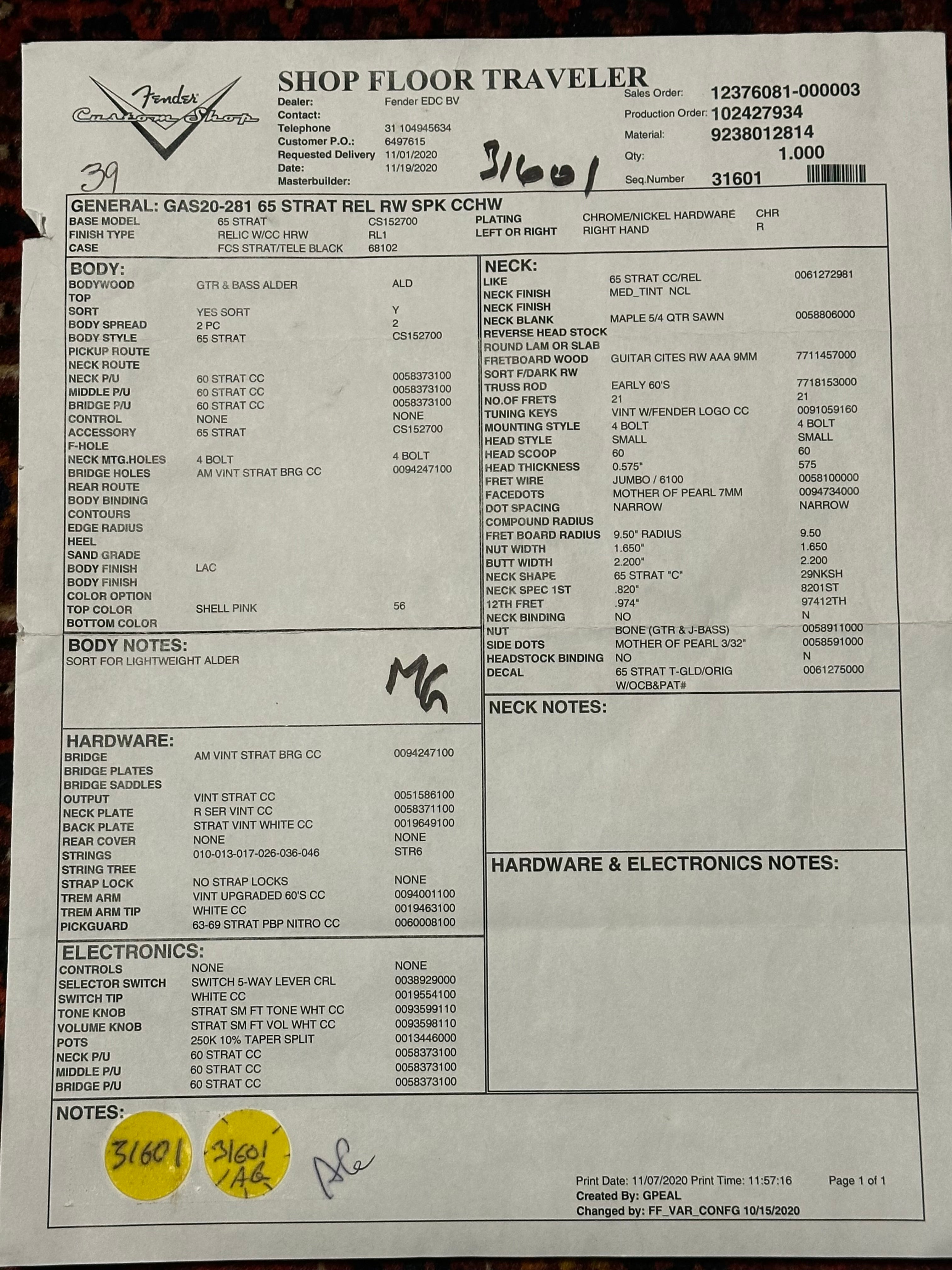 Fender Custom Shop '65 Relic Stratocaster 2020 Shell Pink