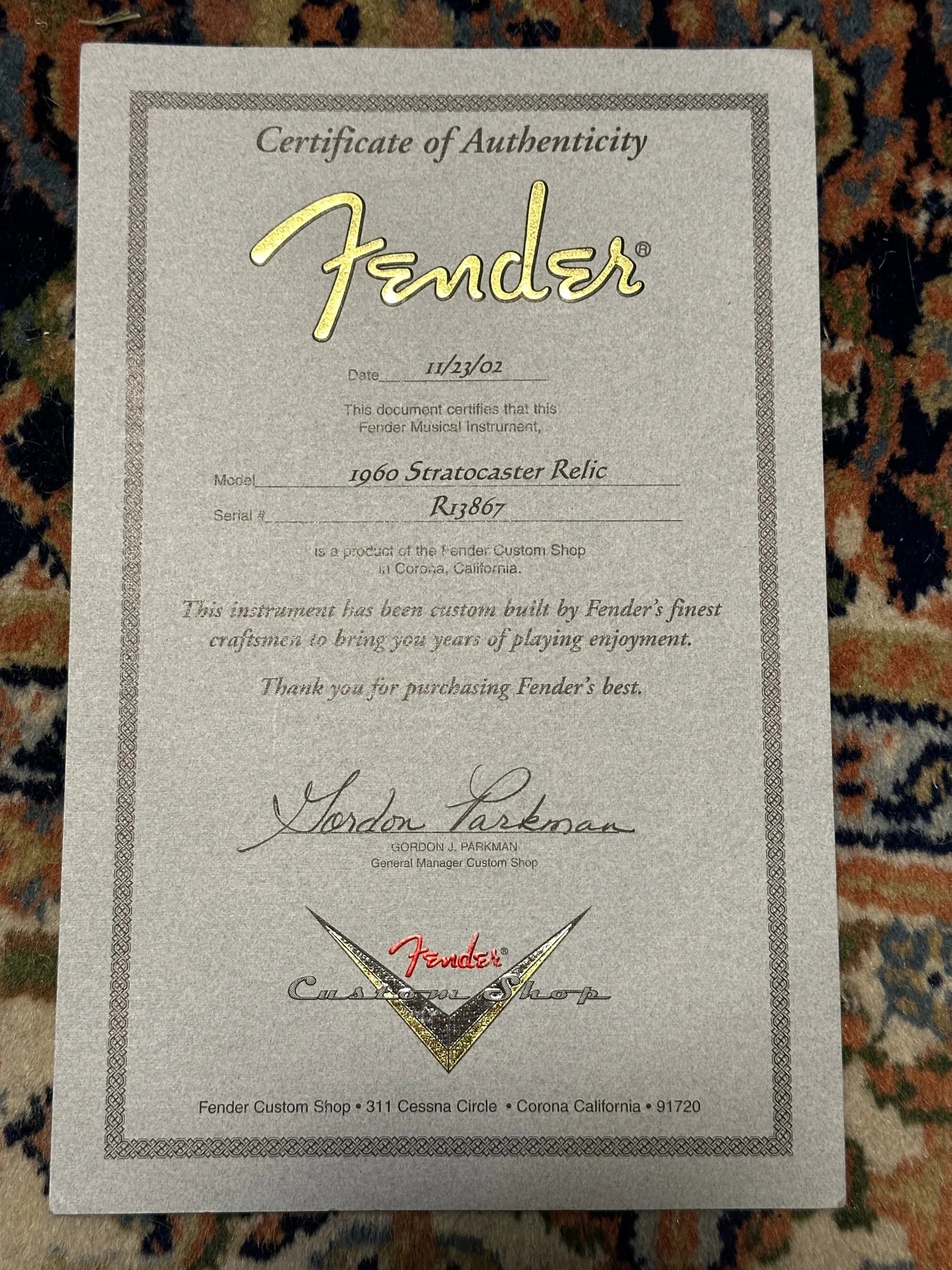 SOLD - 2002 Fender Custom Shop '60 Relic Stratocaster Sonic Blue