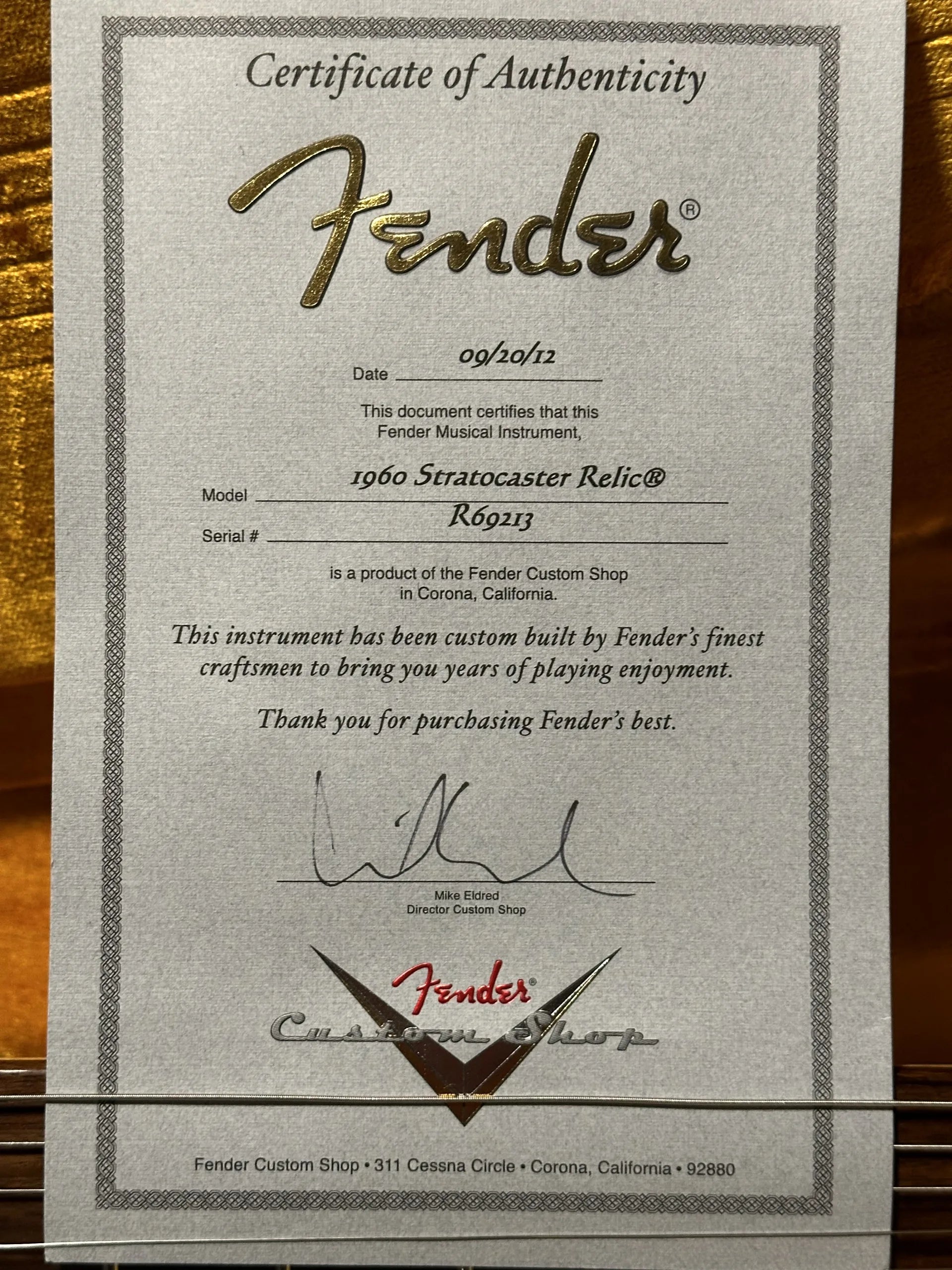 SOLD - 2012 Fender Custom Shop '60 Relic Stratocaster Shoreline Gold