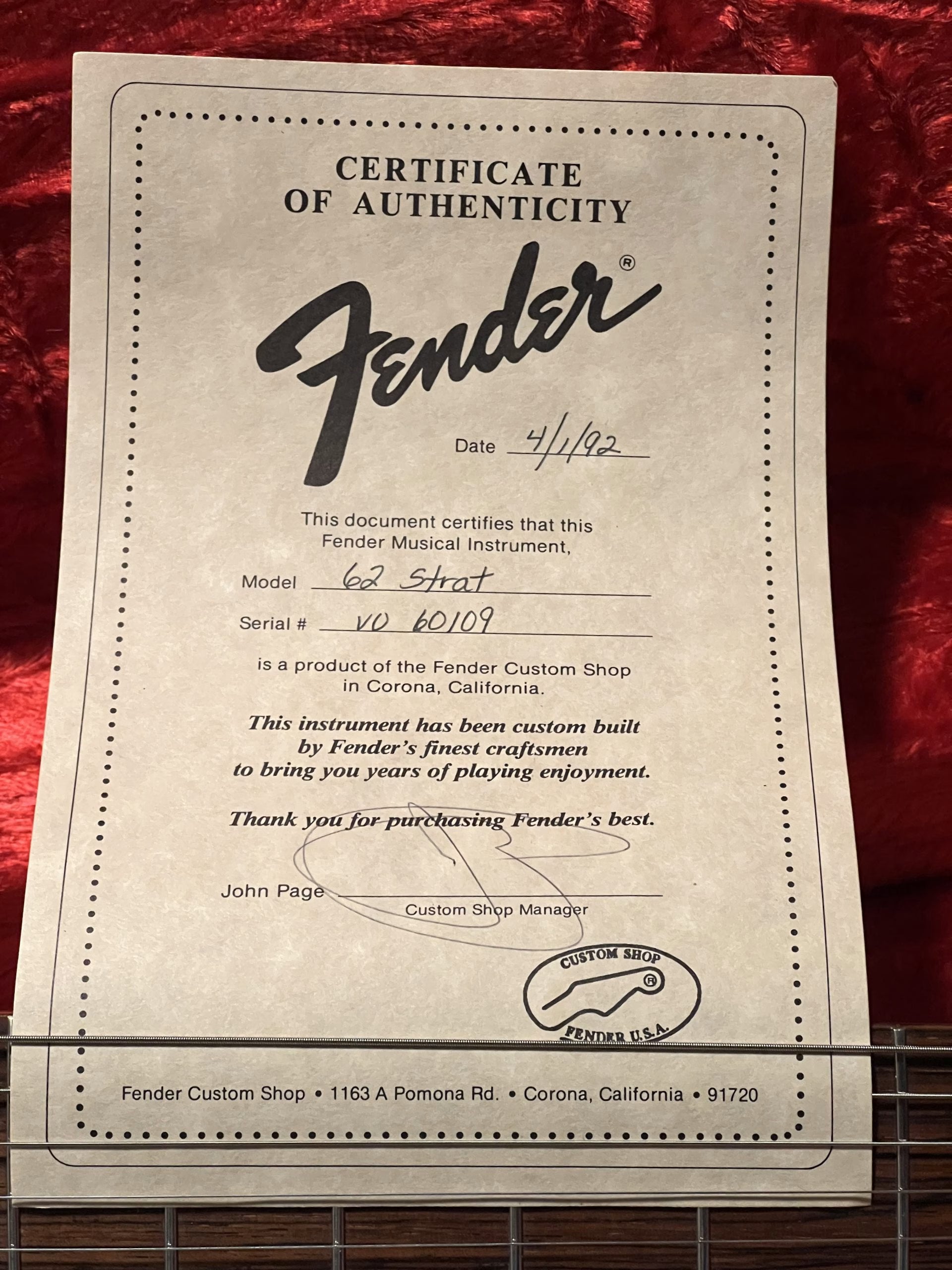 SOLD - 1992 Custom Shop 62 Stratocaster Dakota Red